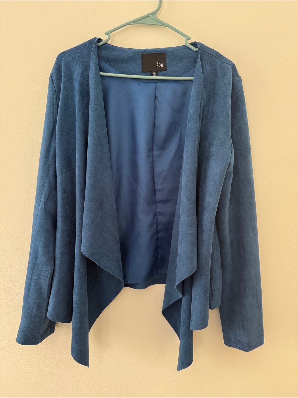 Joh Apparel Faux Suede-Texture Draped Open-Front Jacket in Teal Blue Large